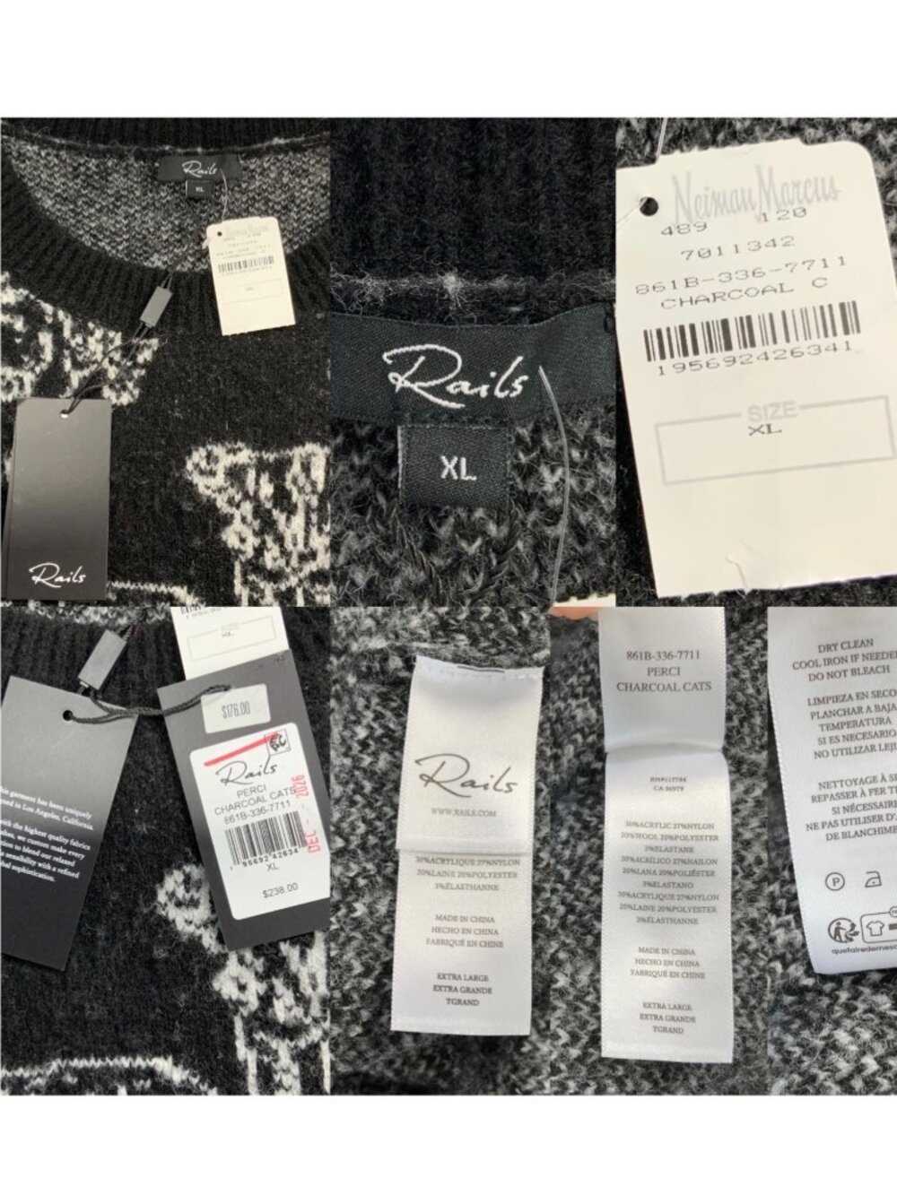 Rails Perci Charcoal Cats Sweater XL Black Wool Blend Crewneck NEW - Picture 10 of 16